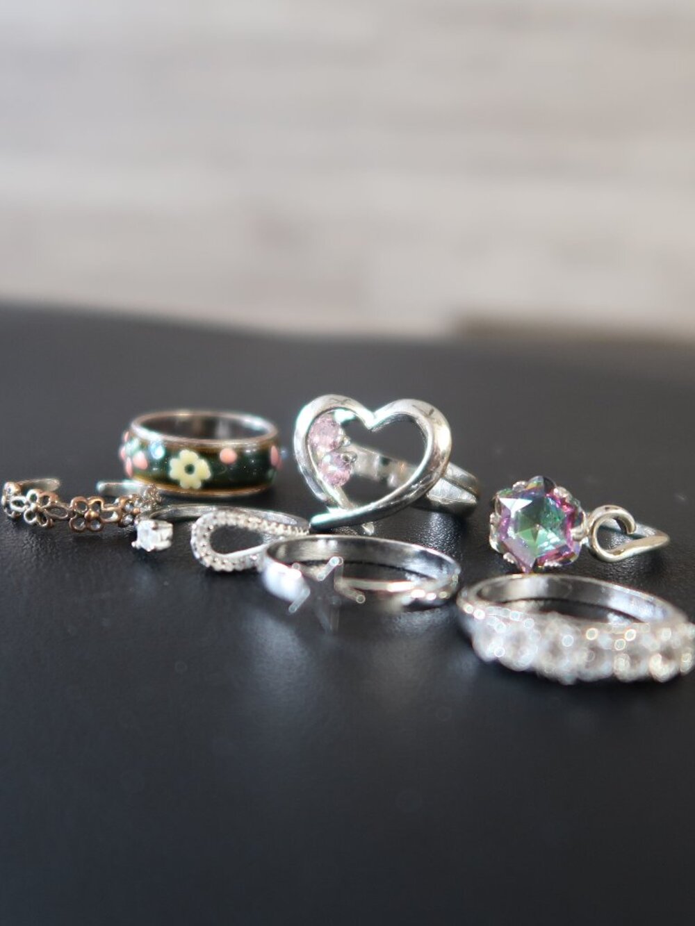 Lot of 7 Used Costume Rings Silver Mystic Topaz Heart Floral Star Bundle DIY